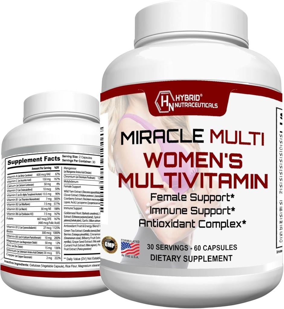 MilagroMulti Multivitamínico para Mujeres - Fórmula de Apoyo Femenino, Soporte Inmunitario, Minerales, Biotina, Antioxidantes & Superalimentos Blend – 60 cápsulas