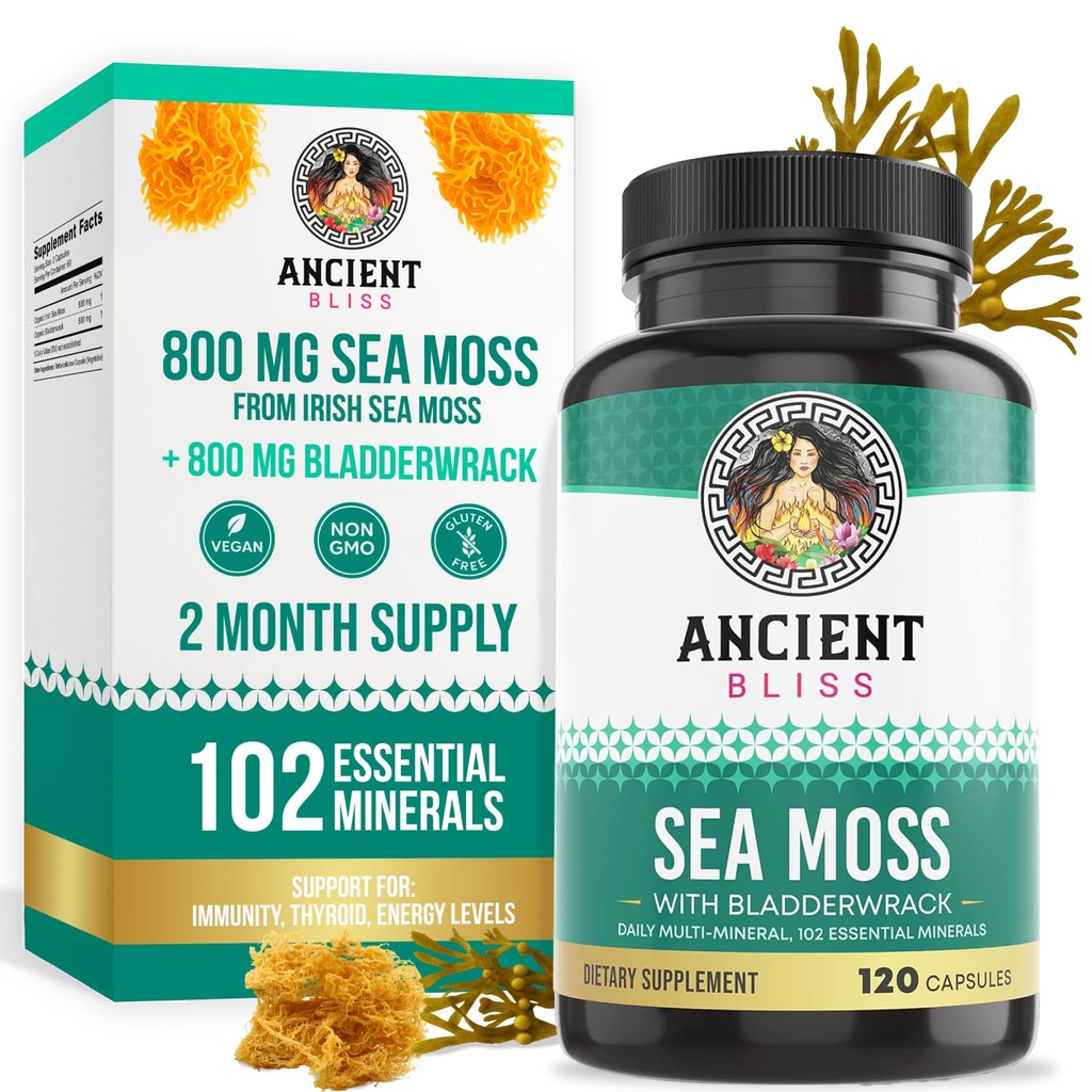 Antiguo Bliss Orgánica del Mar Irlandés Moss Pills - Dr Sebi Wildcrafted Seamoss Capsules peru Thyroid, Healthy Skin & Gut Support Silencio 120 Capsules