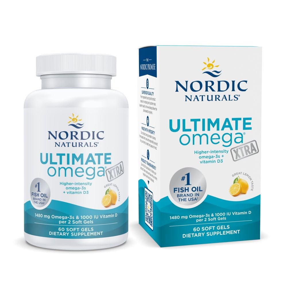 Nordic Naturals Ultimate Omega Xtra, Lemon Flavor - 60 geles blandos - 1480 mg Omega-3 + 1000 UI Vitamina D3 - EPA & DHA - Brain, Heart, &amp; Immune Health - 30 Servimientos