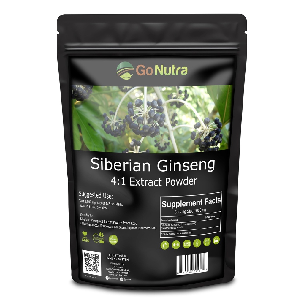 Go Nutra Siberian Ginseng - Eleuthero Root Powder TENIDO 4:1 Extracto 4X Times Stronger ← Apoya Energía " Stamina TEN Natural " Eleutherococcus Senticosus Silencio No-GMO Silencio 1lb (16 onzas)