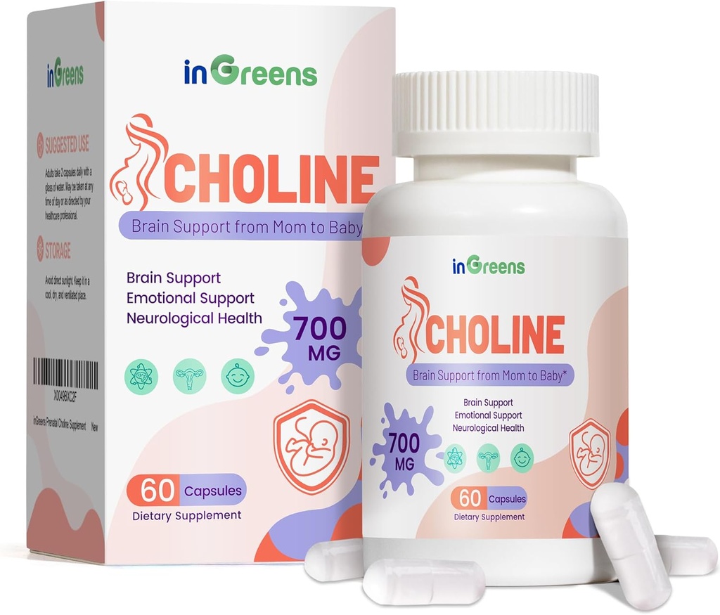 Suplemento de la línea prenatal, 500 mg, con Inositol, B1, B6, Desarrollo del cerebro en la vida útero / terrestre, Aumentar el contenido de la línea de la leche materna, 30 Day Supply
