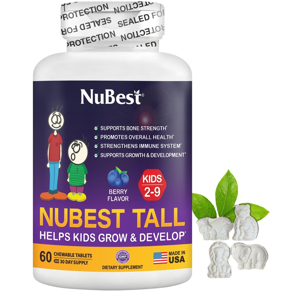 NuBest Tall Kids - Multivitamins & Minerals for Age 2 to 9 - Bone Strength &amp; Immunity Support - Helps Kids, Toddlers Healthy - Animal Shapes - 60 Chewable Berry Tablets  1 Month Supply