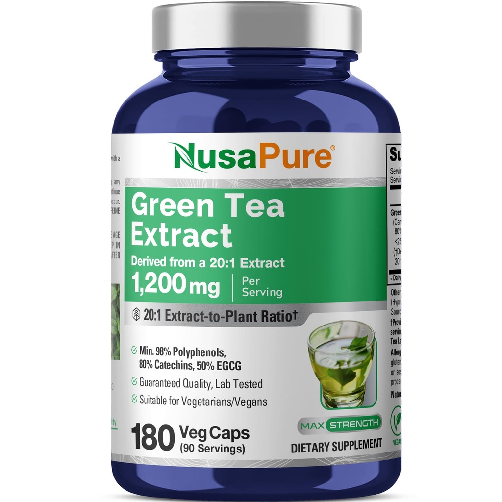 NusaPure Té verde 20:1 Extracto, 1200 mg Equivalente a 24000mg, 180 cápsulas veganos, 50% EGCG, 98% polifenoles, 80% Catechins