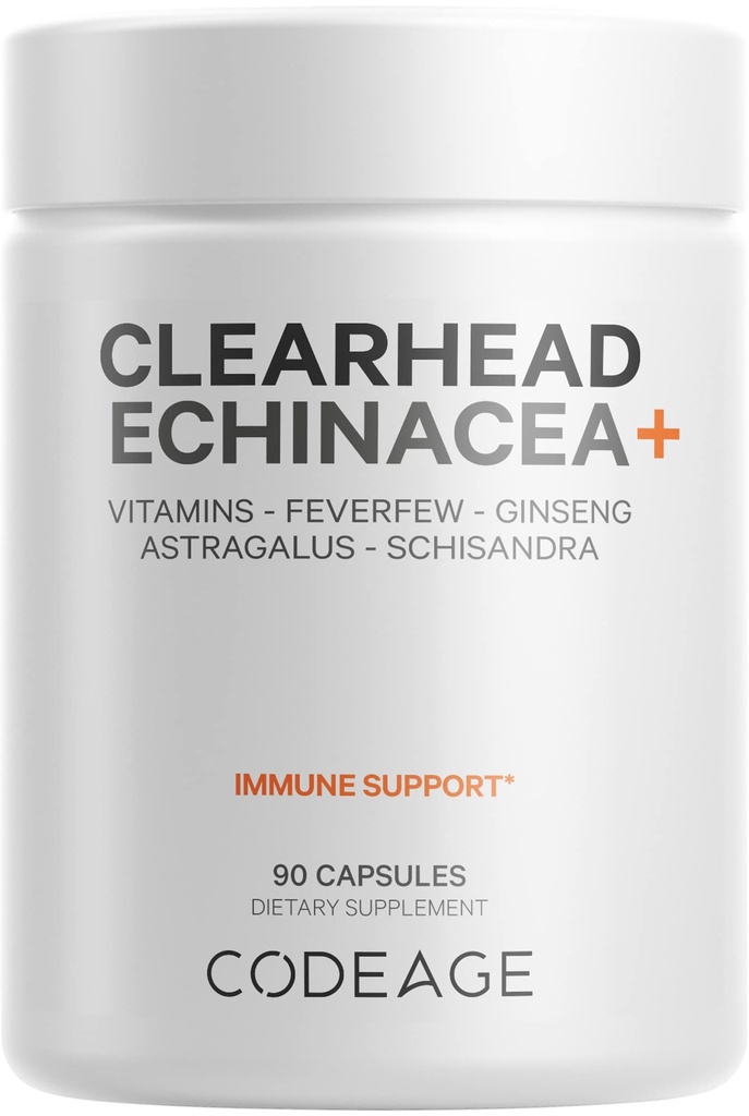 Codeage Clearhead Echinacea+ Suplemento - Echinacea, Schisandra, Feverfew, Coptis, American Ginseng, Astragalus, Ajo, Probióticos, Vitaminas C &amp; D3, Zinc, Selenium - Clear Head Vitamin - 90 cápsulas
