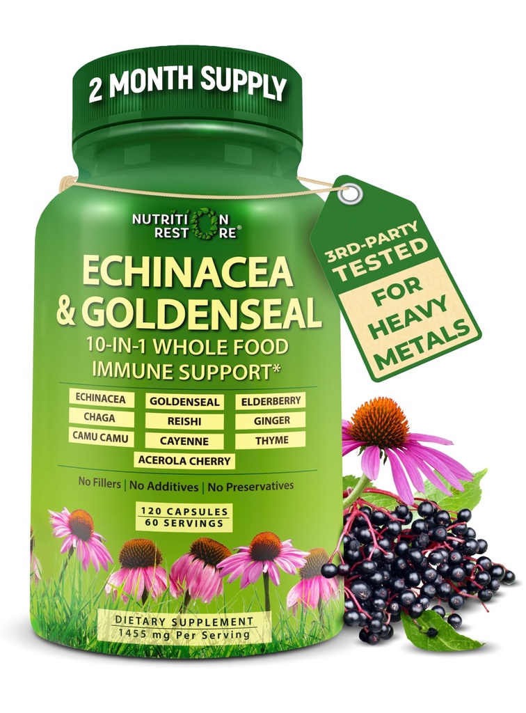 Echinacea Goldenseal Capsules - 10 in 1 Immune Support Supplement - 1455mg - Vegan Echinacea Capsules Suplemento Hecho con alimentos orgánicos enteros - Herbal Immune System Support - 2 Month Supply