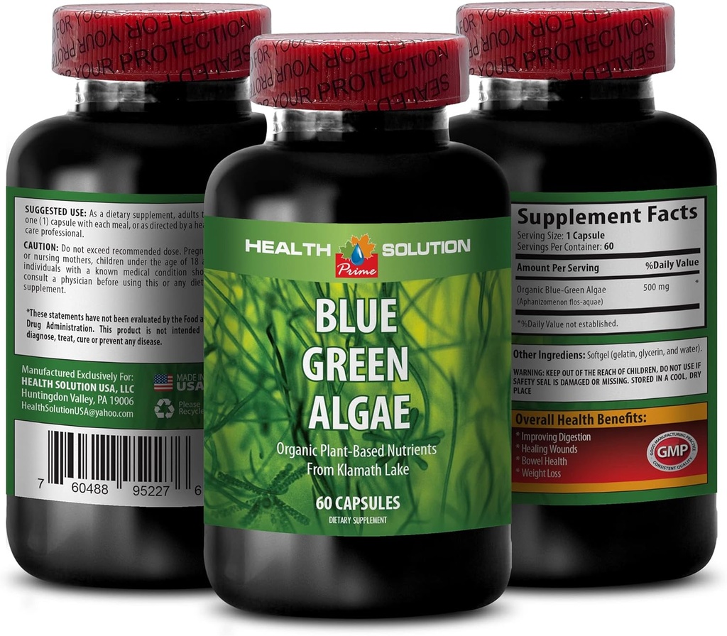 Blue Green Algae Superfood - Blue Green Algae - Blue Green Algae for Immunity - Zapatos Klamath Blue Green Algae, Suplemento de Digestión, Suplemento de Apoyo Inmunitario, Blue Green Algae Powder, 1b 60 Caps
