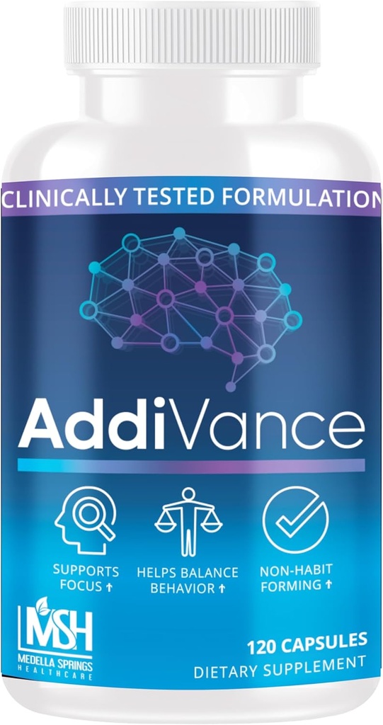 AddiVance 120 Caps - Suplemento Natural de Apoyo al Cerebro para el Enfoque mejorado, la memoria, " Comportamiento equilibrado - Probada clínicamente no-ábito formando suplemento cerebral - Formulado por profesionales médicos