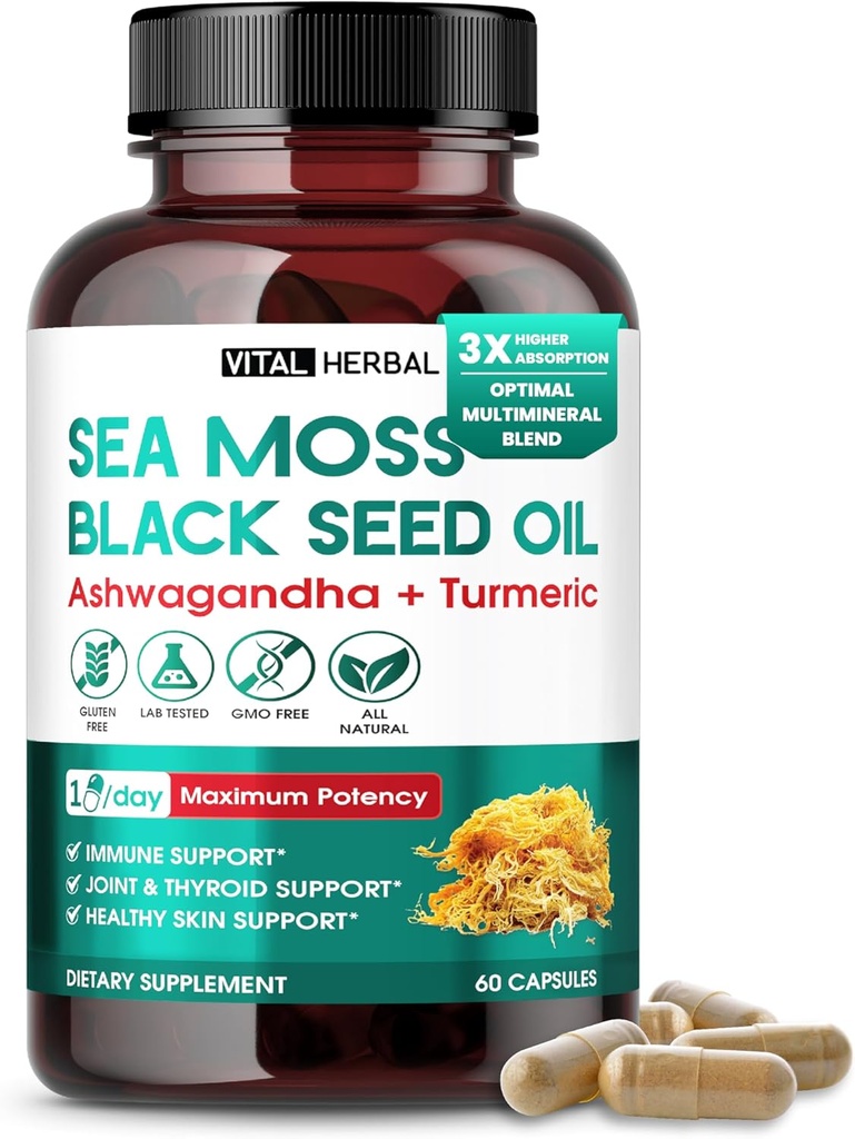 Moss de mar con aceite de semilla negra, Ashwagandha, Turmeric " Moringa – Suplemento de apoyo a la inmuna, conjunto de piel – 60 cápsulas – Vital Herbal – Lab-Tested, Non-GMO, Made in USA