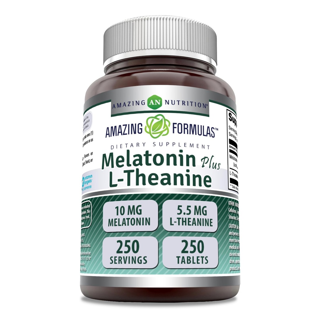 Fórmulas increíbles Melatonin Plus L-Theanine 10 mg Tablets Suplemento Silencio No-GMO Silencio Gluten Gratis Silencio Made in USA (10 mg, 250, Conde)