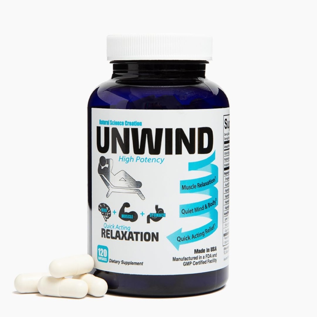 Unwind - 1885 Mgs Magnesium Por Serving, Suplemento de Relajación Avanzada, Magnesio Elemental Max Strength, Balm de limón, Primavie Shilajit, Ginger - 120 cápsulas - Hecho en EE.UU.