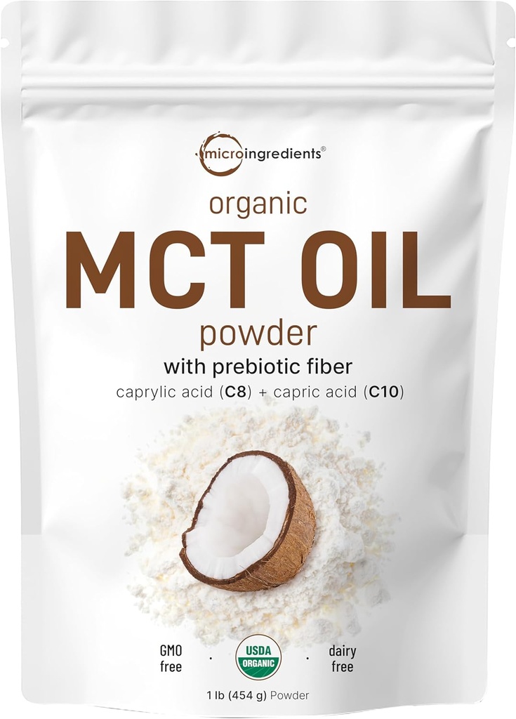 MCT orgánico Polvo de aceite con fibra prebiótica,1 libras(16 onzas), combustible rápido para el cuerpo y el cerebro, aceite de C8 MCT para crema de café, sin transgénicos, dieta de Keto, Vegan
