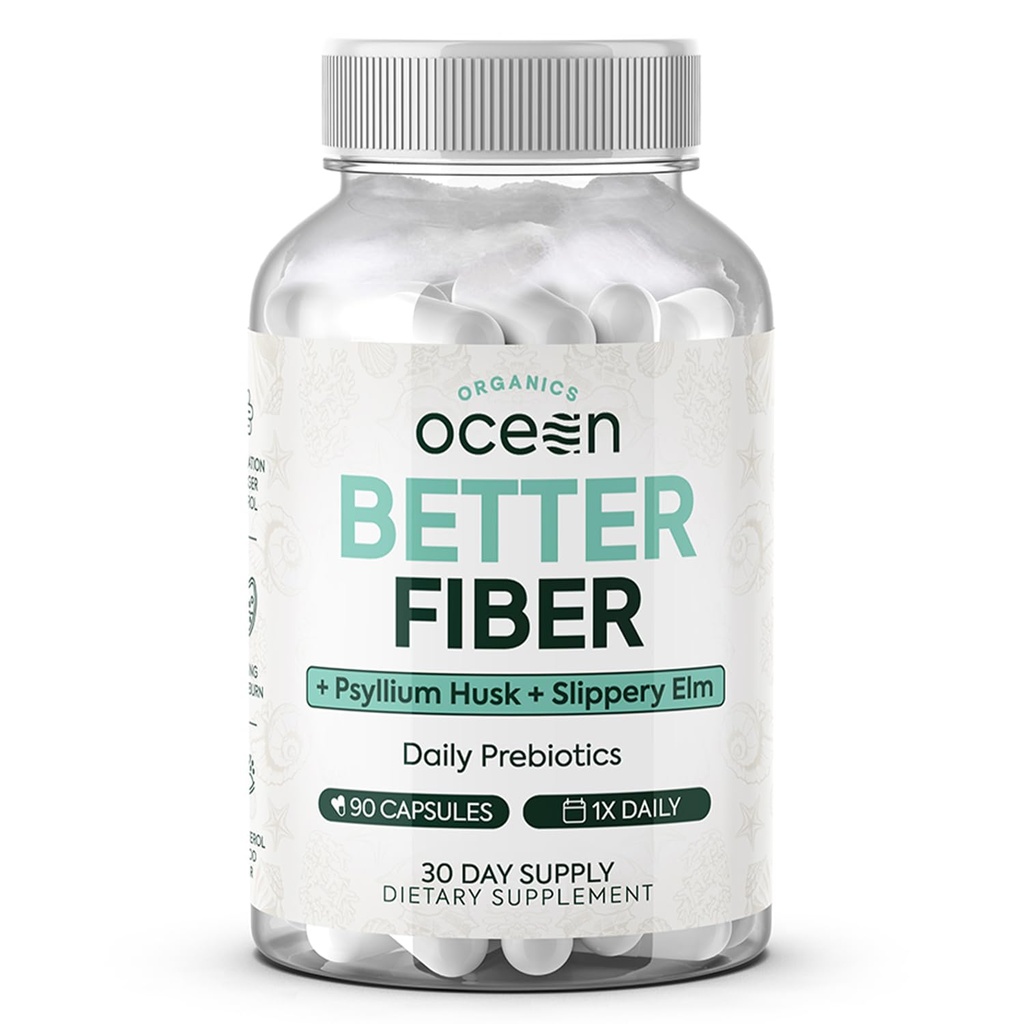 Organics Ocean Better Fiber - Suplemento diario de fibra - Soften Stool for Effortless Bowel Movements - con Psyllium Hulk y Slippery Elm - 90 cápsulas