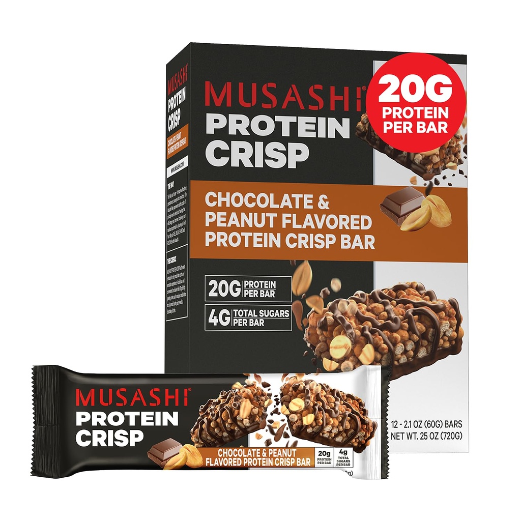 MUSASHI Protein Crisp Bar, 20g Protein, 4g Total Azúcares, Chocolate &amp; Maní, Post Workout y Snack On The Go, 12 Pack of 2.1oz (60g) Bares