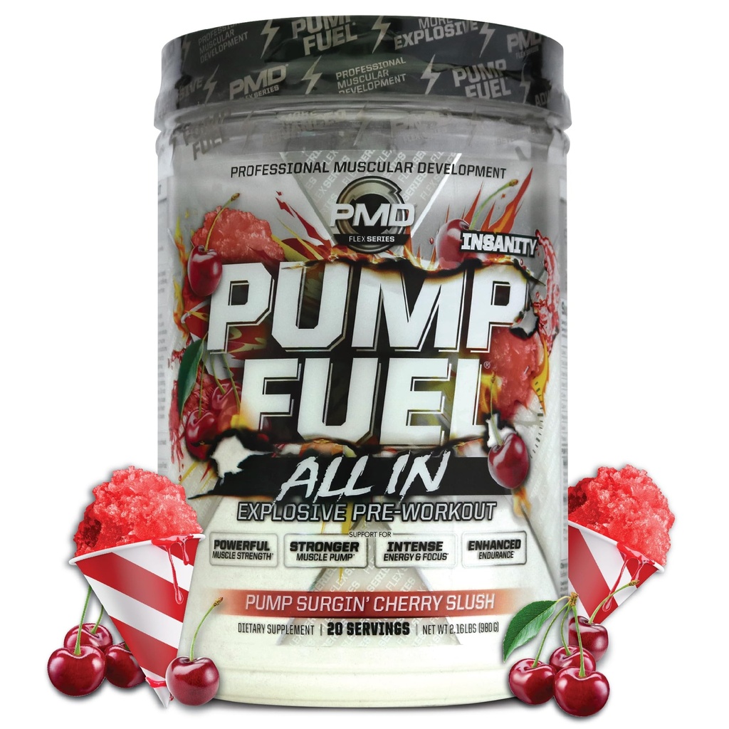PMD Sports Pump Fuel All in Insanity, Ultimate Pre Workout Powder &amp; Muscle Pump, Maximum Strength Energy, Focus, Endurance & Recovery, Creatine & Beta Alanine, Pump Surgin’ Cherry Slush, 20 Servings