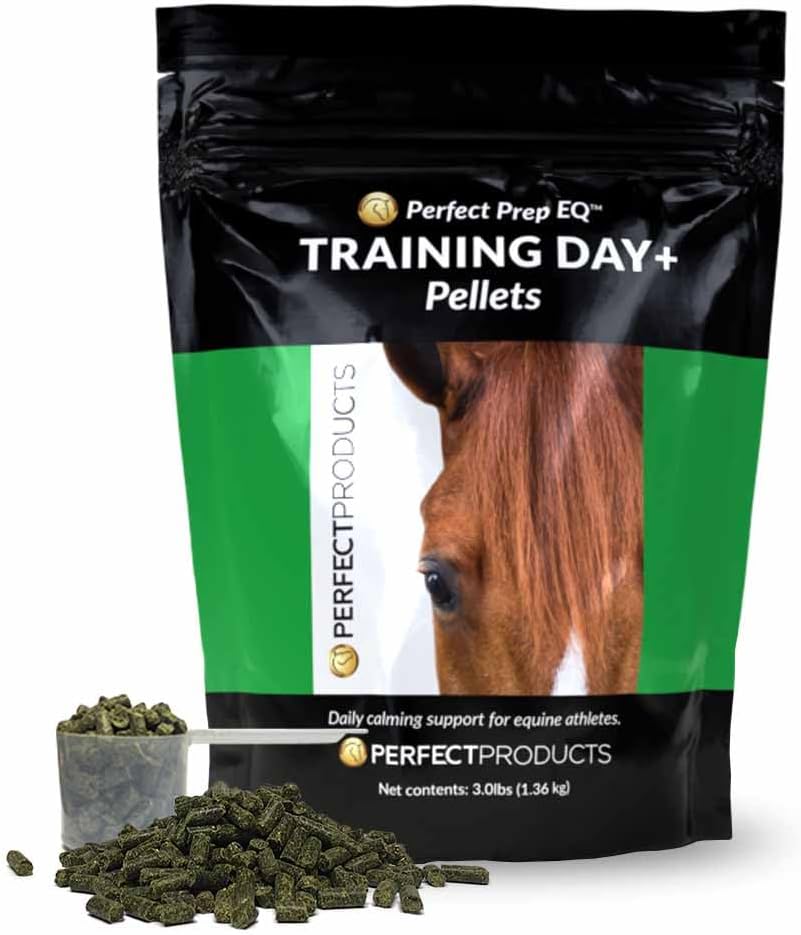 Prepa perfecta EQ Training Day+ Pellets Show Safe Horse Calming Suplemento (3 lb)