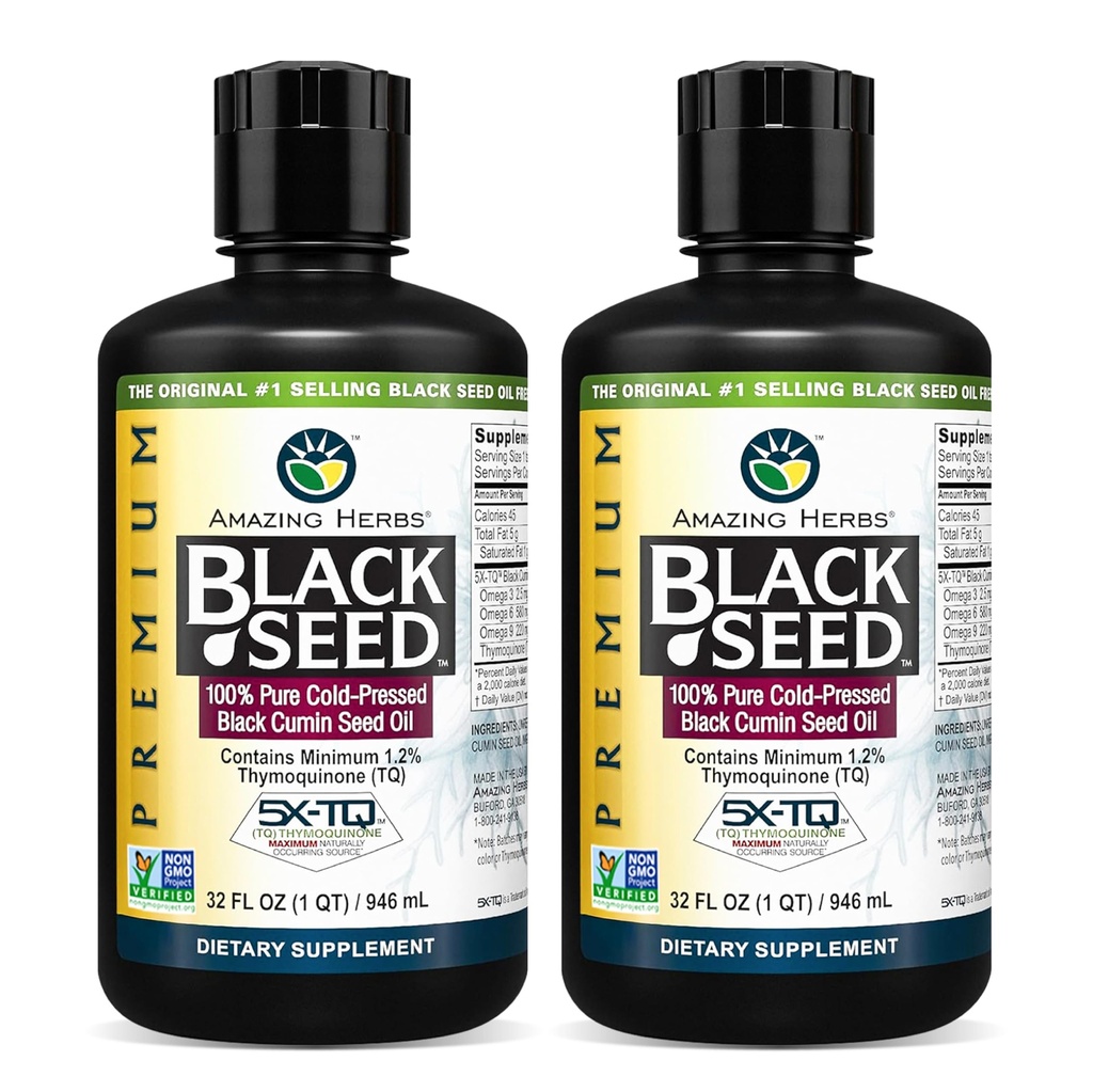 Increíbles hierbas Premium aceite de semilla negra - Cold Presionado Nigella Sativa Ayudas en Salud Digestiva, Apoyo Inmune, Función cerebral, Movilidad Conjunta, Gluten Gratis, No GMO - 32 Fl Oz (Pack de 2)