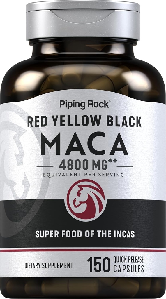 Piping Rock Maca Root Powder Capsules Silencio 4800mg Silencio 150 Pills Silencio para Mujeres y Hombres Silencio Rojo, Amarillo y Negro Silencio No GMO, Gluten Free Supplement