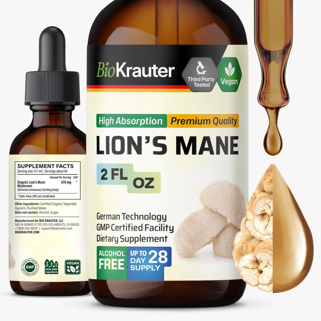 BIO KRAUTER Lions Mane Liquid Extract - Mushroom Supplement for Brain Support - Vegan Lions Mane Supplement - Alcohol &amp; Sugar Free Drops - 2 Fl.Oz.