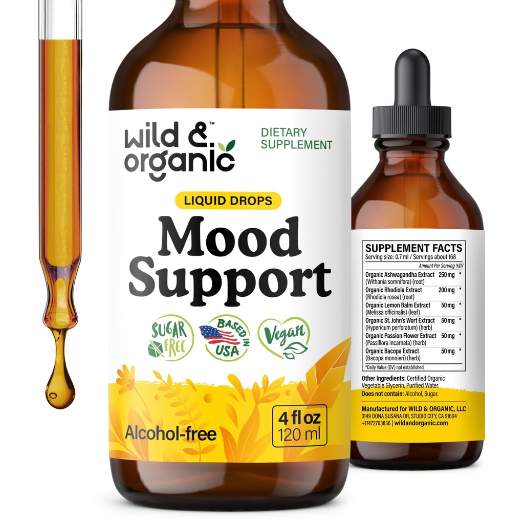 Suplemento de apoyo a los moodes orgánicos silvestres - gotas líquidas naturales para la energía positiva - Suplemento de la mente calma para mujeres y hombres - Ashwagandha no alcohol " Rhodiola Rosea Root Tintura para buen mood - 4 oz