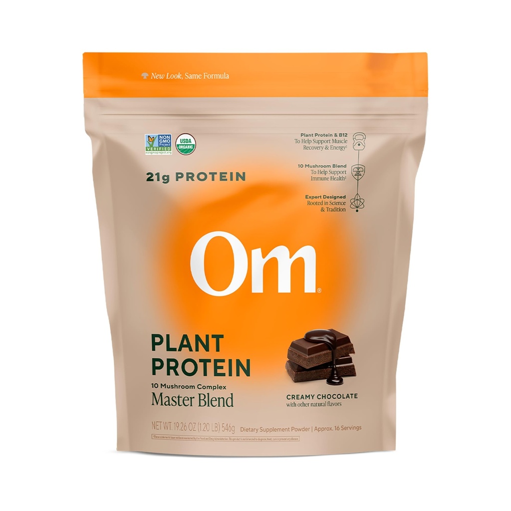 OM MUSHROOM SUPERFOOD Master Blend Vegan Protein – Organic Chocolate Plant Protein with 10 Mushrooms, Ashwagandha, BCAAs " B12 – Energía, Recuperación " Immune Support – 1.2 lb (16 Servings)