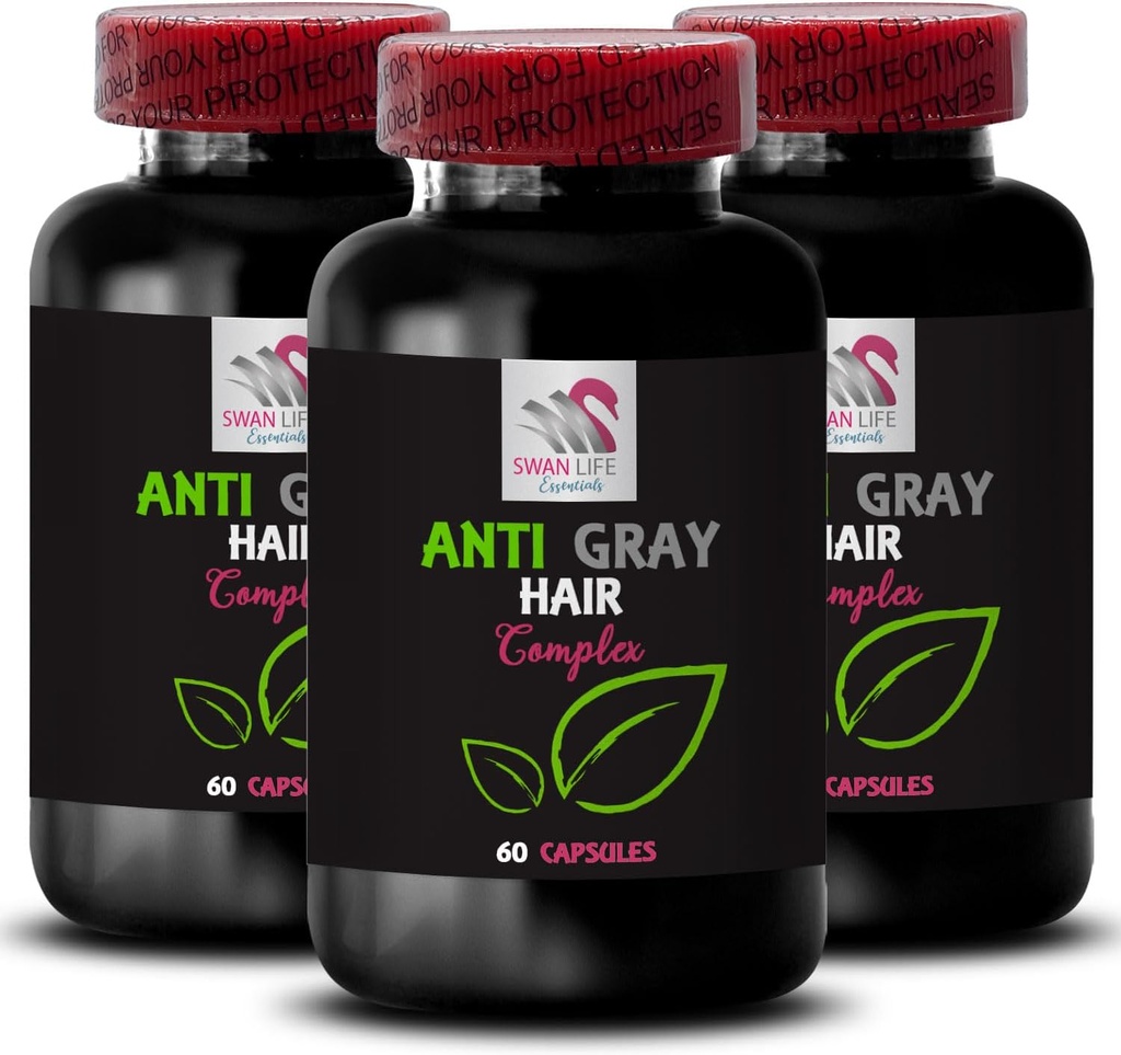 Suplemento de pelo gris - ANTI GRAY HAIR COMPLEX - Tono de pelo, Soporte de color, Pelo gris anti, preservación de color, equilibrio de tono gris, cabello lustroso, brillo visbranto, renovación de brillo de color 3Bot 180Caps