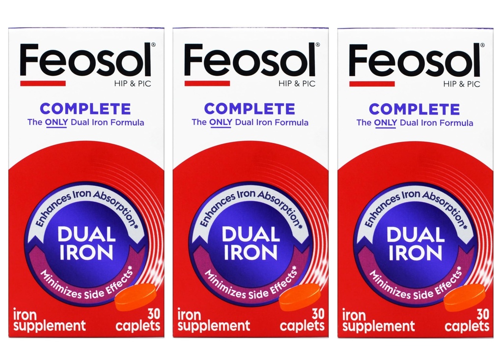 Feosol Bifera HIP & PIC Iron Suplemento, Completo - 30 Caplets, Pack de 3