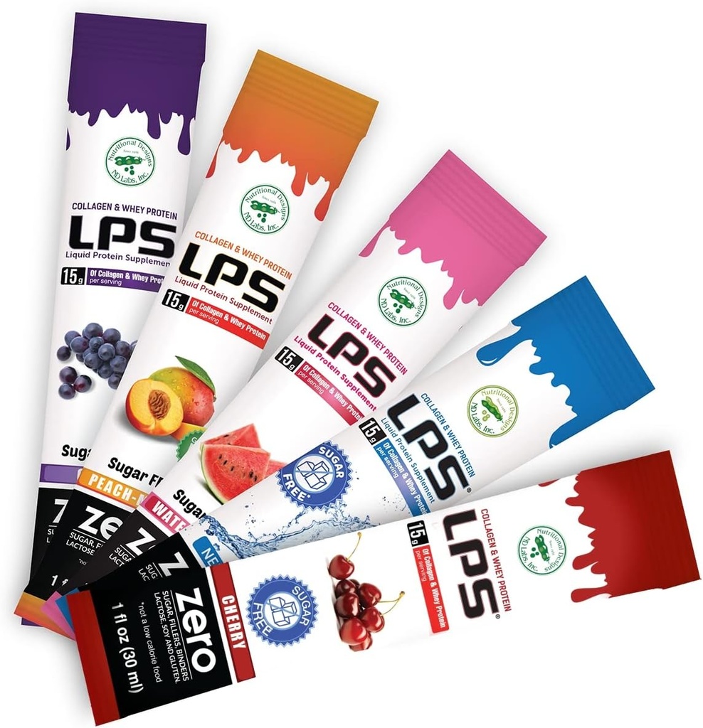Diseños Nutricionales LPS LPS Liquid Collagen & Whey Protein Suplemento - Non-GMO Bebe, Libre de Azúcar - Promueve la piel saludable & el pelo para hombres & mujeres, una sola servidumbre (Variety Box, 30)