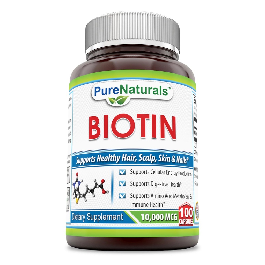 Naturales puros Biotina 10,000 Mcg, 100 cápsulas- apoya la piel sana y el cabello – promueve la salud general