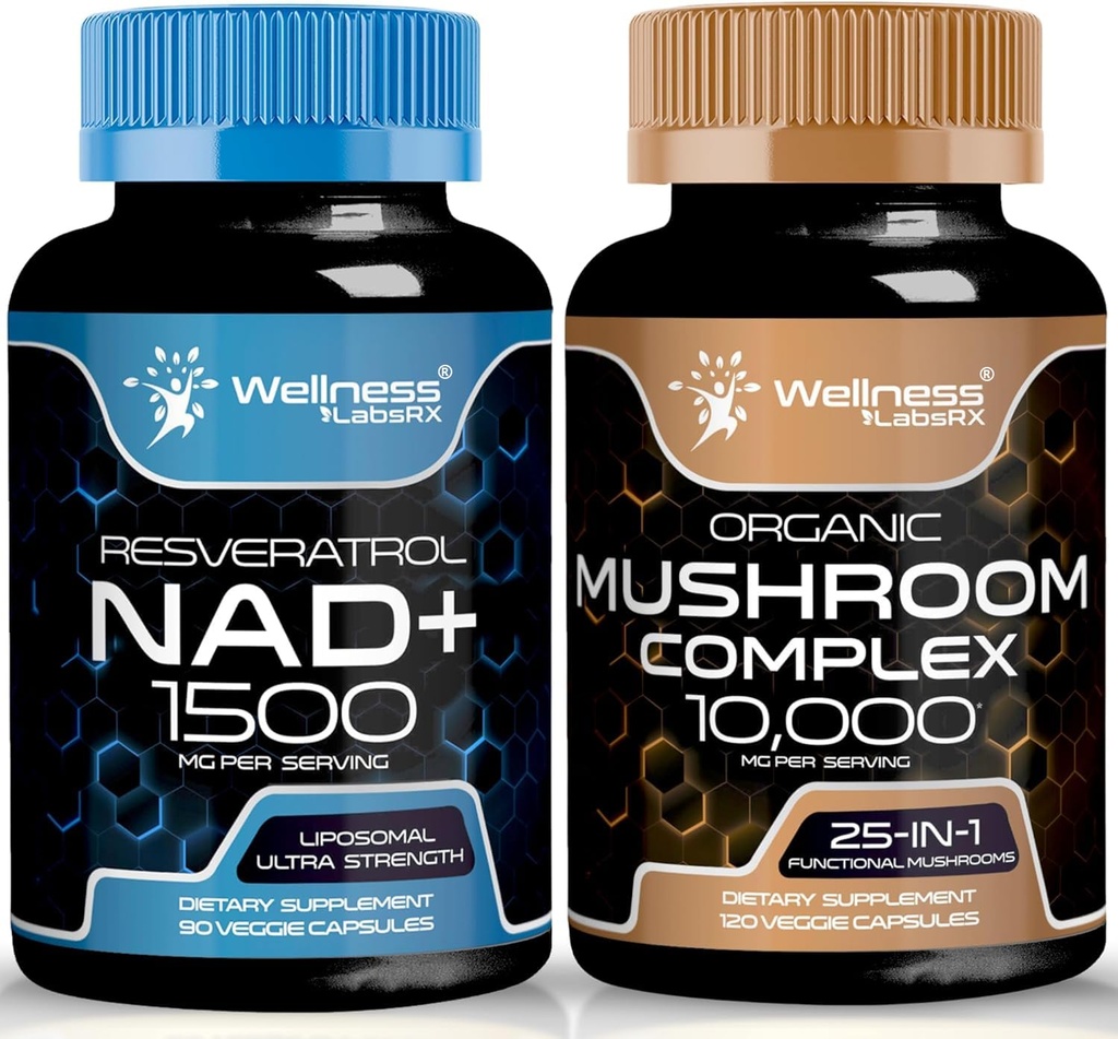 WELLNESS LABSRX NAD Suplemento, 1500mg - Liposomal NAD+ Suplemento con Resveratrol Silencioso Suplemento de Mushroom Orgánico cápsulas - 10000mg - 25 en 1 cápsulas de complejo de hongos