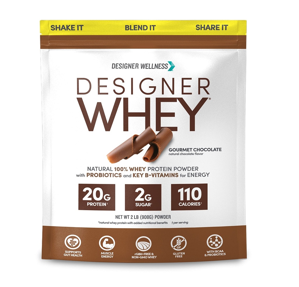 Designer Wellness, Designer Whey, Natural Whey Protein Powder con probióticos, fibra y clave B-Vitamins for Energy, Gluten-Free, Gourmet Chocolate, 2 lb