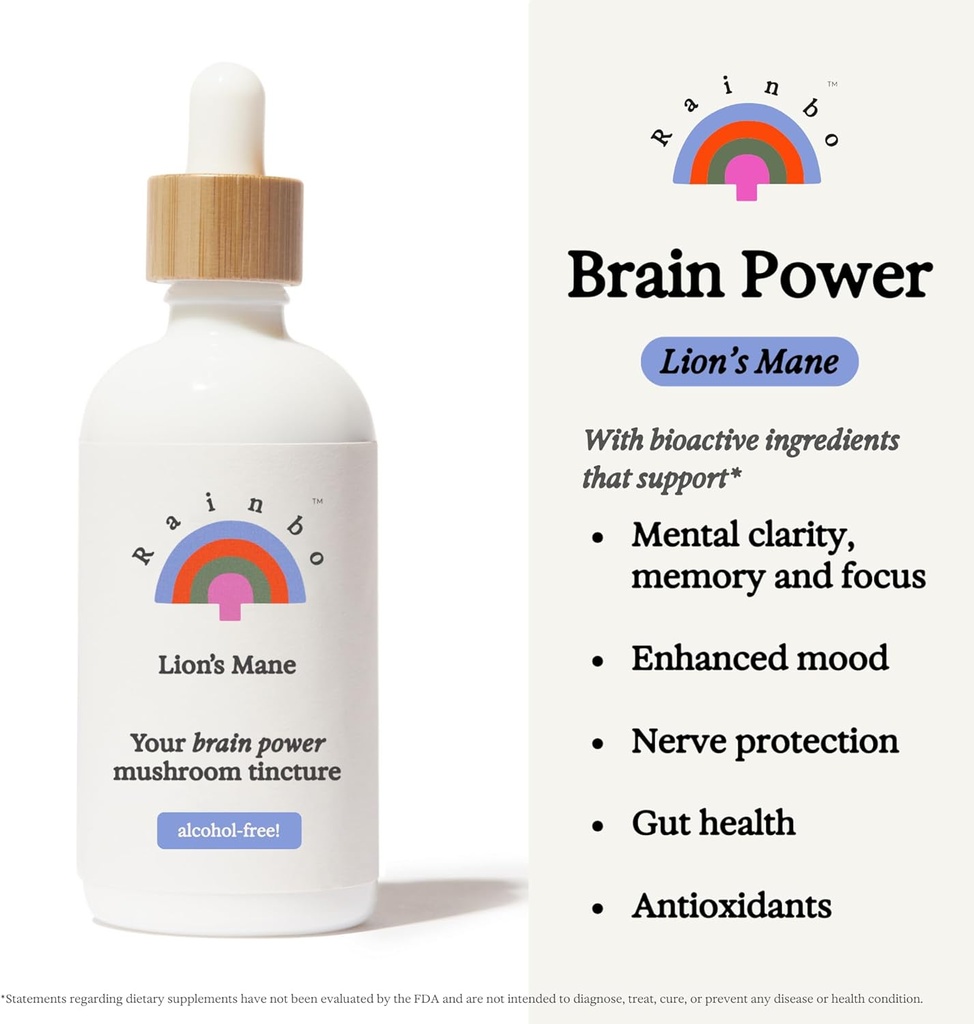 Rainbo - Mane Mushroom de León Tintura - Alcohol Gratis - Doble Extract Mushroom Suplemento - Brain Support, Focus, Memory, Liquid Lion's Mane Supplement, Vegan, Non GMO, 3.4 fl oz