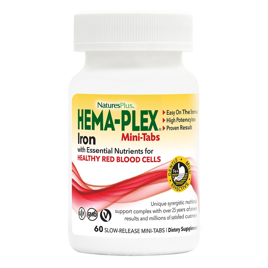 NaturesPlus Hema-Plex Iron - 60 Mini-Tabs de liberación lenta - 2 Pack - 85 mg Hierro Chelated - Total Blood Health - with Vitamin C & Bioflavonoids - Vegan, Gluten Free - 60 Total Servings