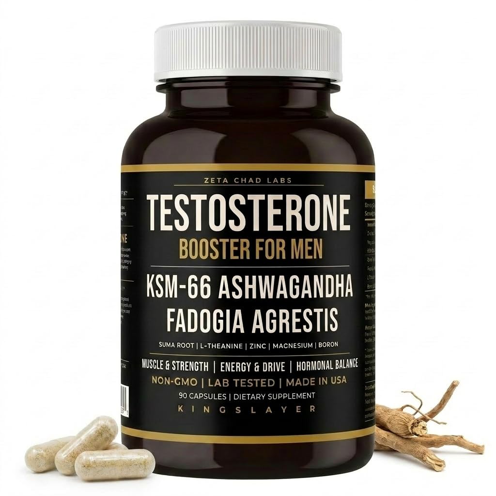 Kingslayer: 7-en-1 Booster de Testosterona para Hombres w/KSM-66, Fadogia, Suma Root, L-Theanine, Zinc, Boron, Magnesium – Muscle, Energy, Libido & Focus