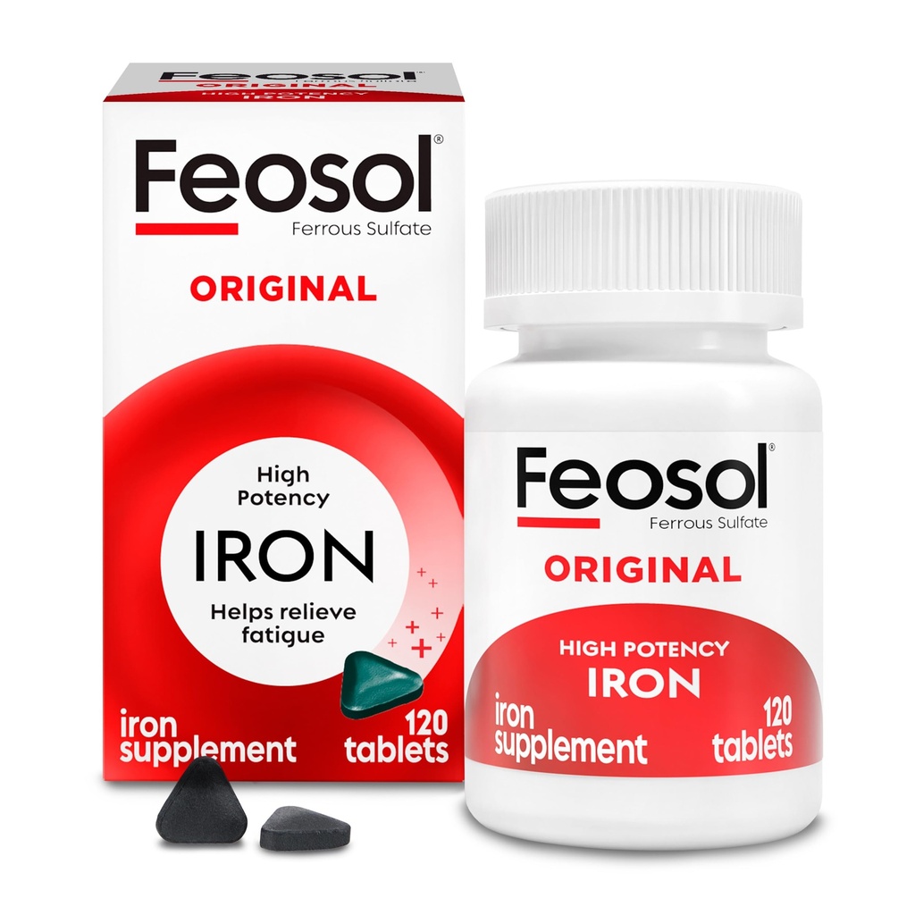 Feosol Original Iron Supplement Tablets, Non-heme, 325mg Ferrous Sulfate (65mg Elemental Iron) per Iron Pill, 1 Por día, 120ct, 4 Month Supply, for Energy and Immune System Support, Made in USA