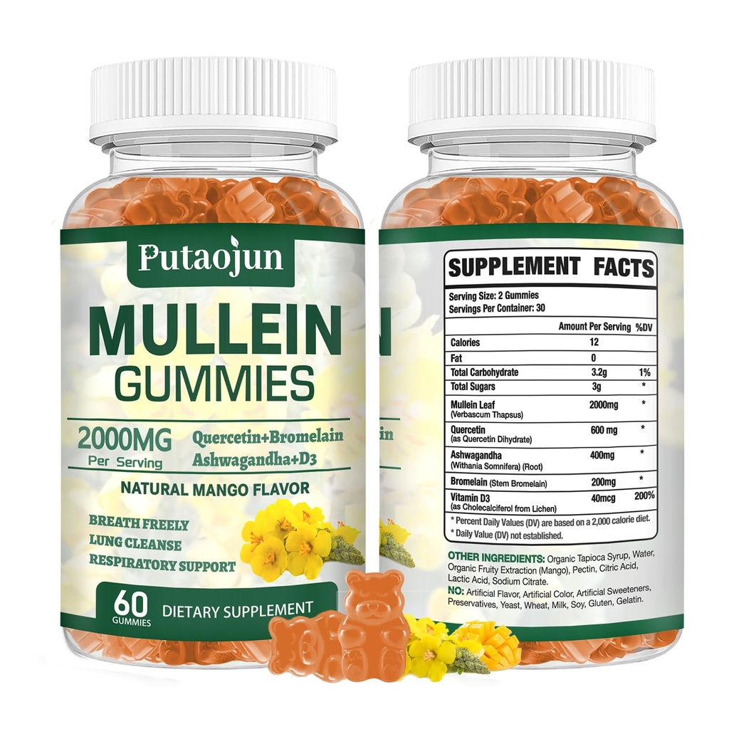 1 Pack Organic Mullein Gummies for Lungs, 2000MG Mullein Leaf Extract Supplement | Quercetin, Bromelain for Respiratory & Immune Support | Vegan, Sugr-Free, Mango Flavor | 60 Count