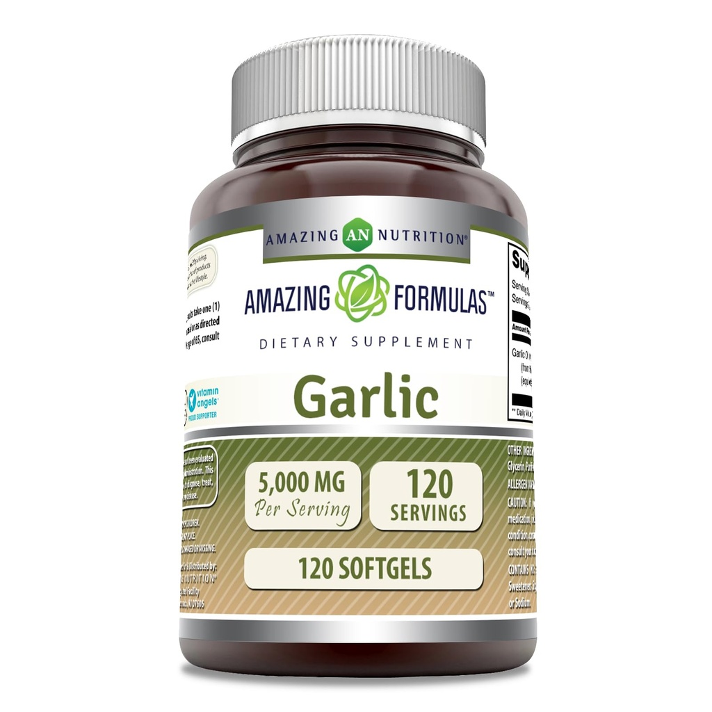 Fórmulas asombrosas Suplemento de ajo TENIDO 50 Mg Concentrate (100:1) TEN 5000 Mg Equivalente TEN 120 Softgels ANTE No-GMO ANTE Gluten-Free TEN Made in USA
