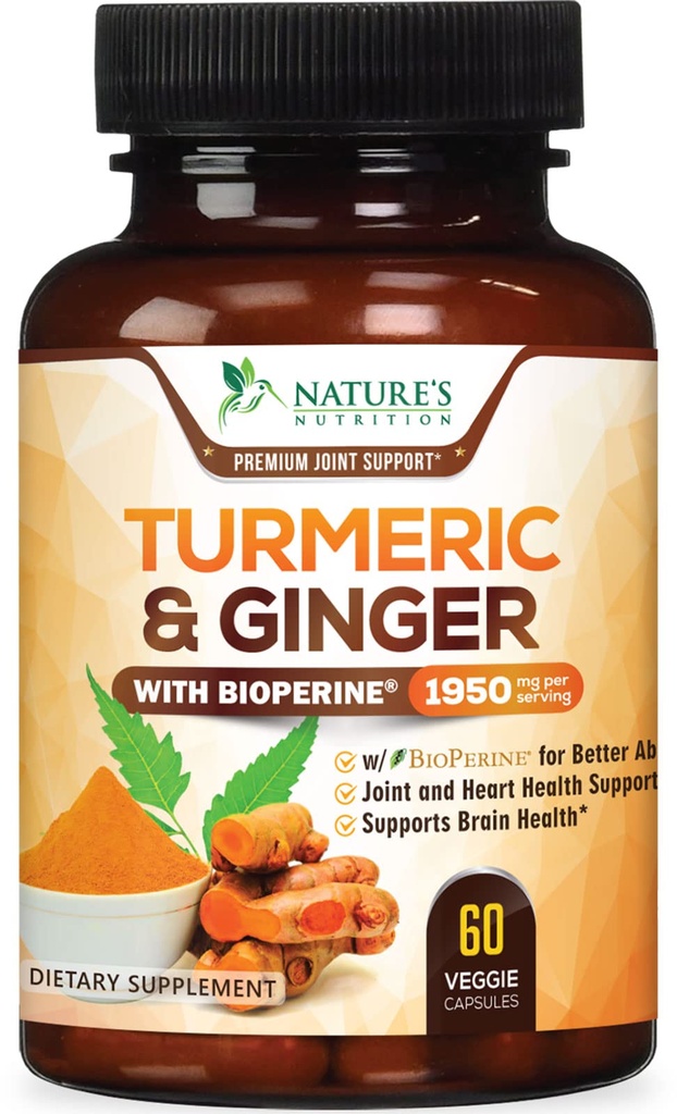 Curcumin Turmeric Suplemento 1950mg - 95% Curcuminoides con Turmeric Orgánica " Ginger, BioPerine Black Pepper for Best Absorption, Nature's Vegan Joint Support, Non-GMO, Bottled in USA - 60 cápsulas