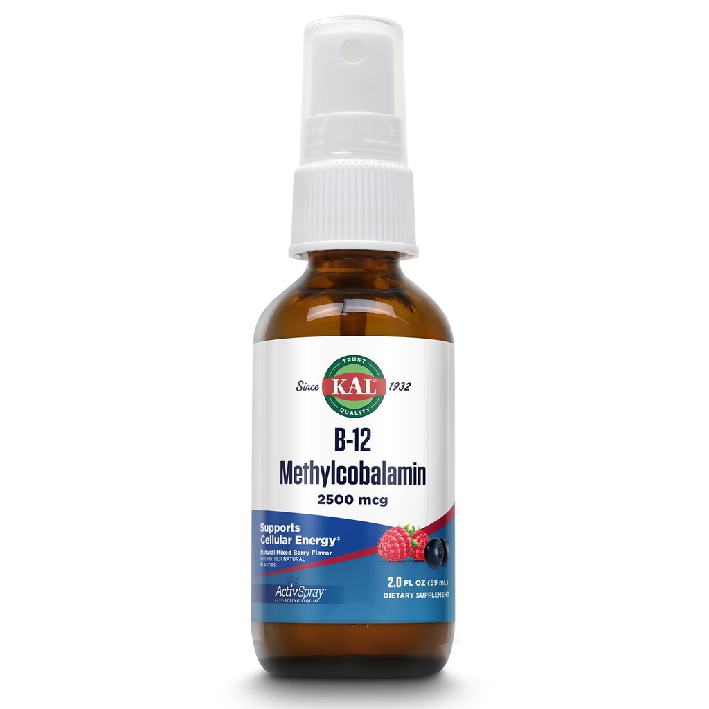 KAL Vitamina B12 Activ MethylcobalaminSpray 2500mcg, Energía sana, metabolismo, Nerve &amp; Red Blood Cell Support,* Fast-Acting Liquid B12, Maximum Absorption, Natural Berry Flavor, 80 Servings, 2 fl oz