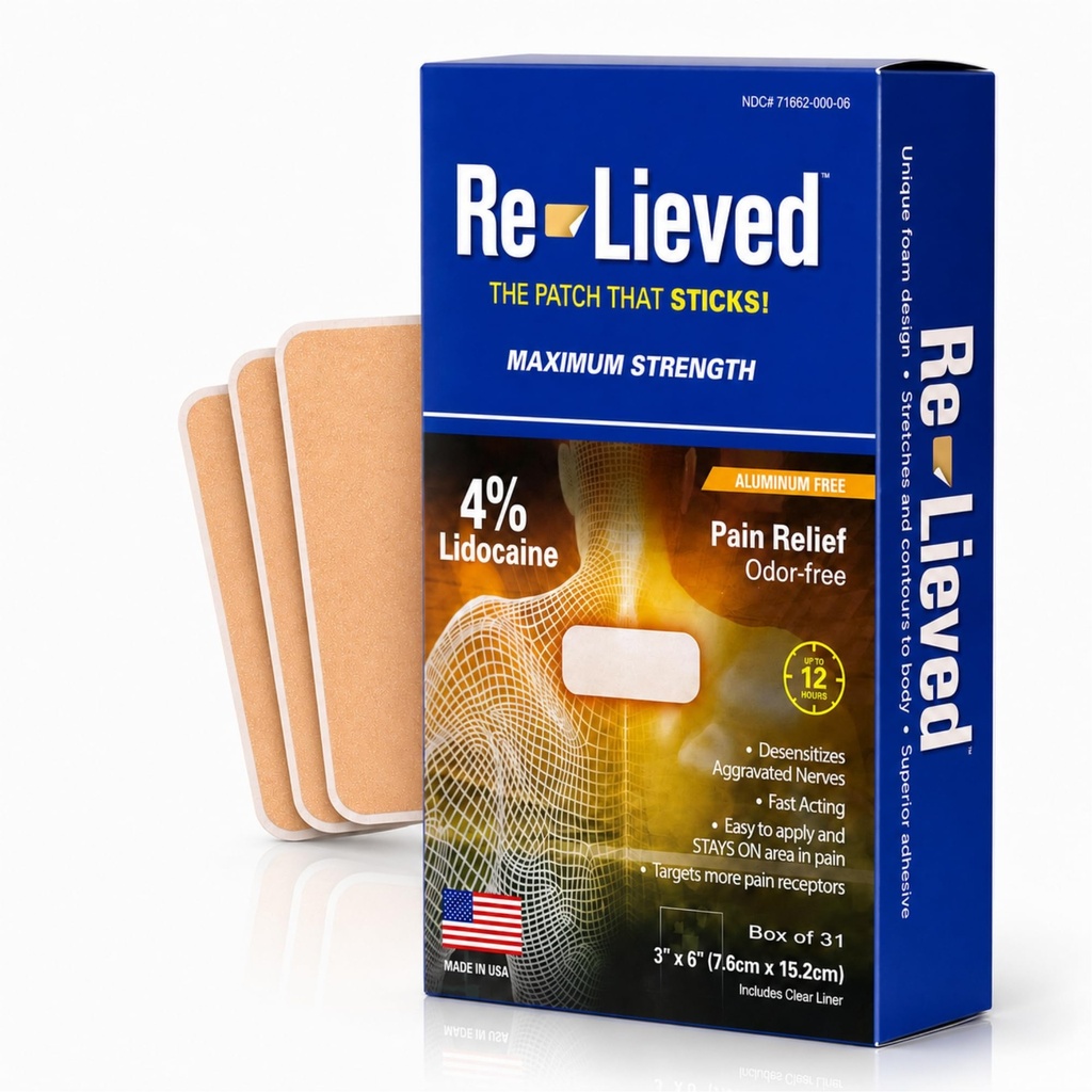 Re-Vivido 4% Lidocaine Patches Maximum Strength - Aluminum-Free, Water Resistant and USA Made -Superior Sticking Pain Relief Patches Quickly Relieves Back, Joints and Muscle Pain-3x6 Inches (31 Conde)
