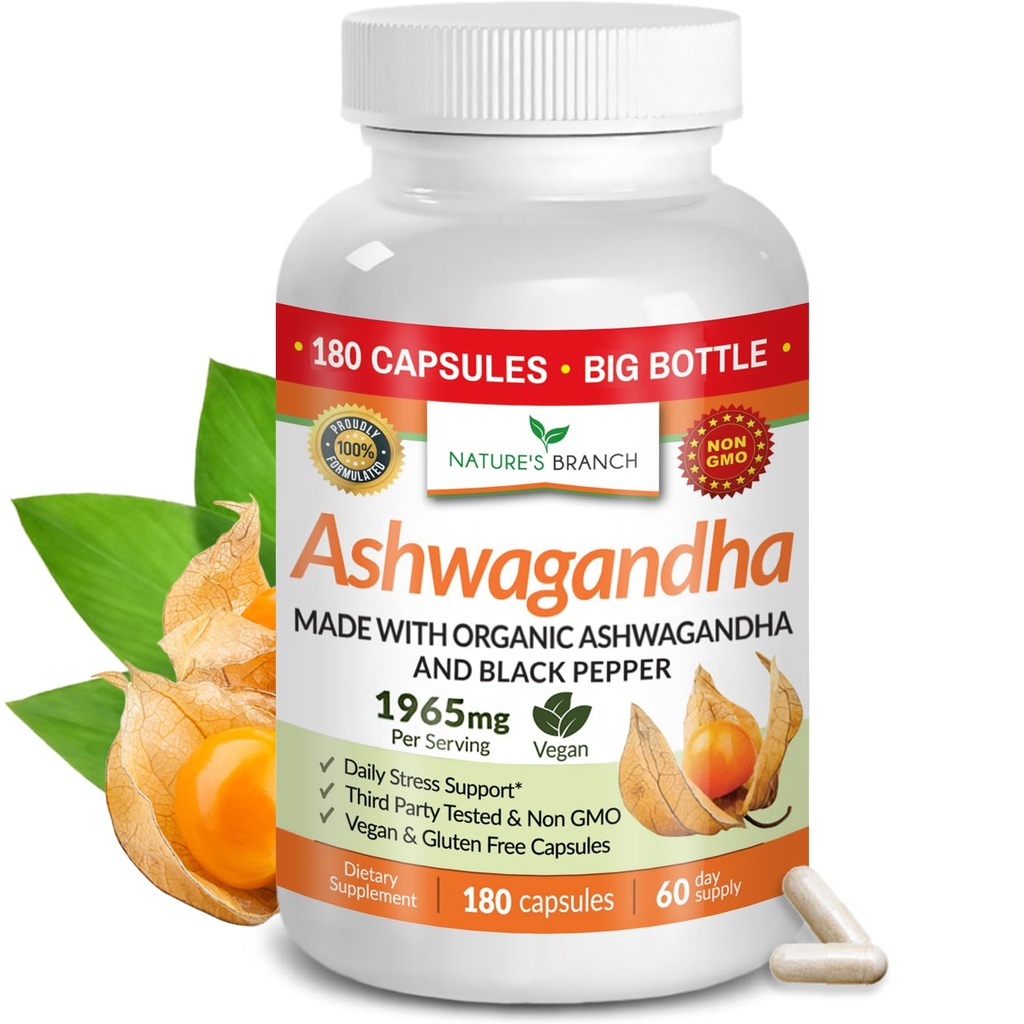 UDAF Verificado Ashwagandha orgánica con Pepper negro - 180 cápsulas - 1965mg fuerza adicional para estrés, sueño, orina, tiroides, enfoque, cabello, pólvora extracto de raíz vegano - Hombres y mujeres suplementos