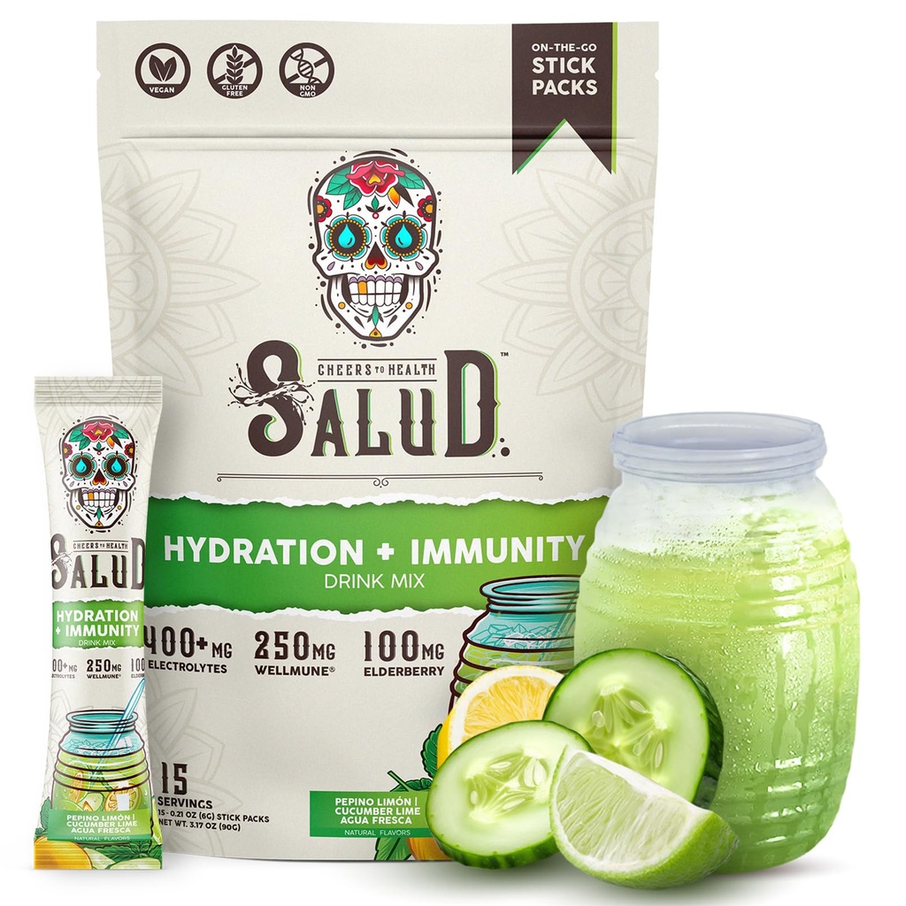 Salud 2-en-1 Hidration Packets + Immunity Electrolytes Powder, Cucumber Lime - Agua Fresca Drink Mix, Elderberry, Dairy &amp; Soy Gratis, No Gluten Free, Vegan, Baja Calorie, 1g Sugar (15 Servings)