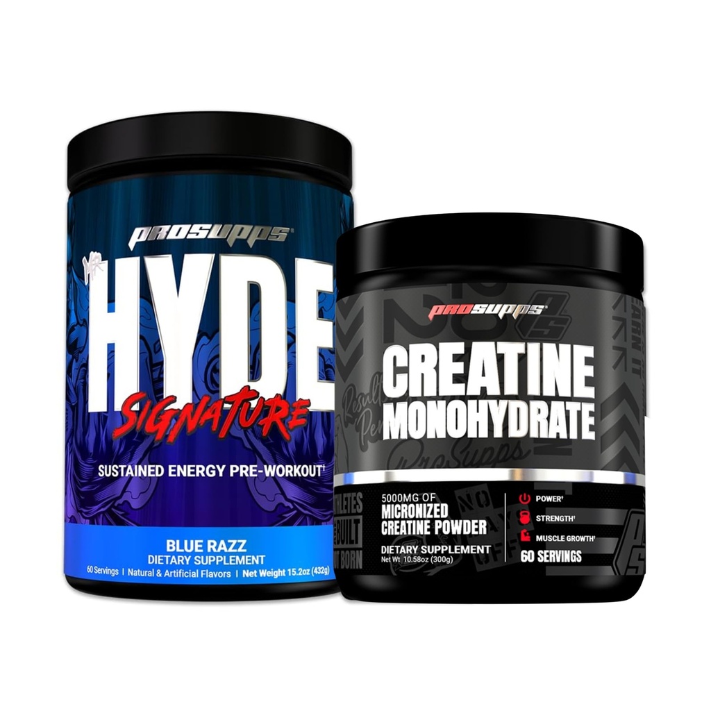 PROSUPPS Hyde Signature Sustained Energy Pre-Workout, Blue Razz - 60 Servings, y Creatine 300 Bundle