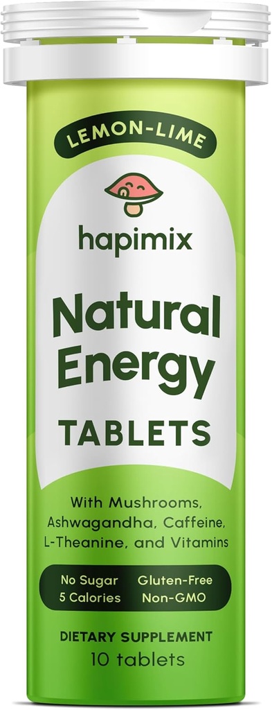 Natural Energy Effervescent Tablets ← Lemon-Lime with Natural Caffeine, Lion's Mane & Electrolytes TEN 8 Powerful Adaptogens with 50mg Caffeine ← Dissolves in Water TEN 10 Servings