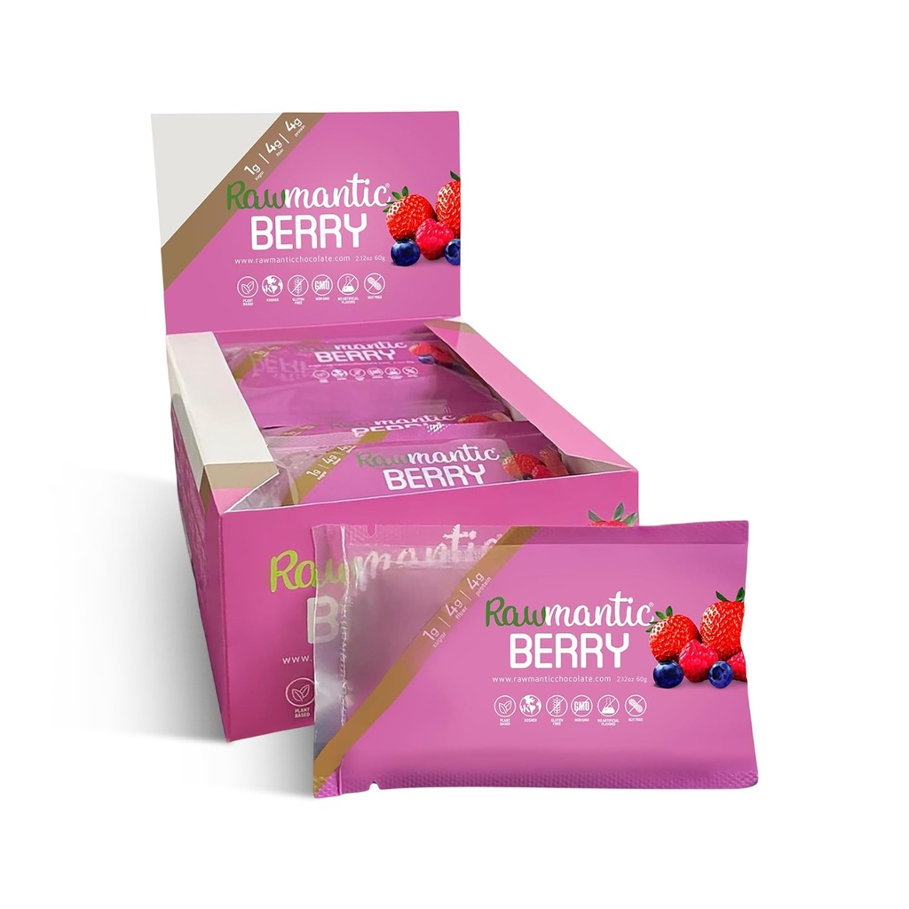 Rawmantic Chocolate Berry Vegan Energy Bars - 2.1 Oz (Pack of 12) - Chocolate Snack Bares - Dairy, Nut y Gluten Bar de Berry gratis mezclado - Perfecto para las dietas veganos - Non-GMO mixed Berry Chocolate Energy Bars