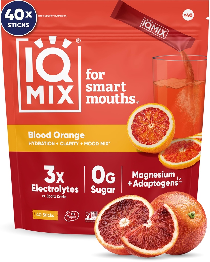 IQMIX Hidration Electrolyte Powder – 4-en-1 Fórmula para la hidratación, la claridad mental, el humor y la recuperación – Sugar-Free Drink Mix, Keto, Magnesium L-Threonate, Lion’s Mane – 40 Conde Blood Orange