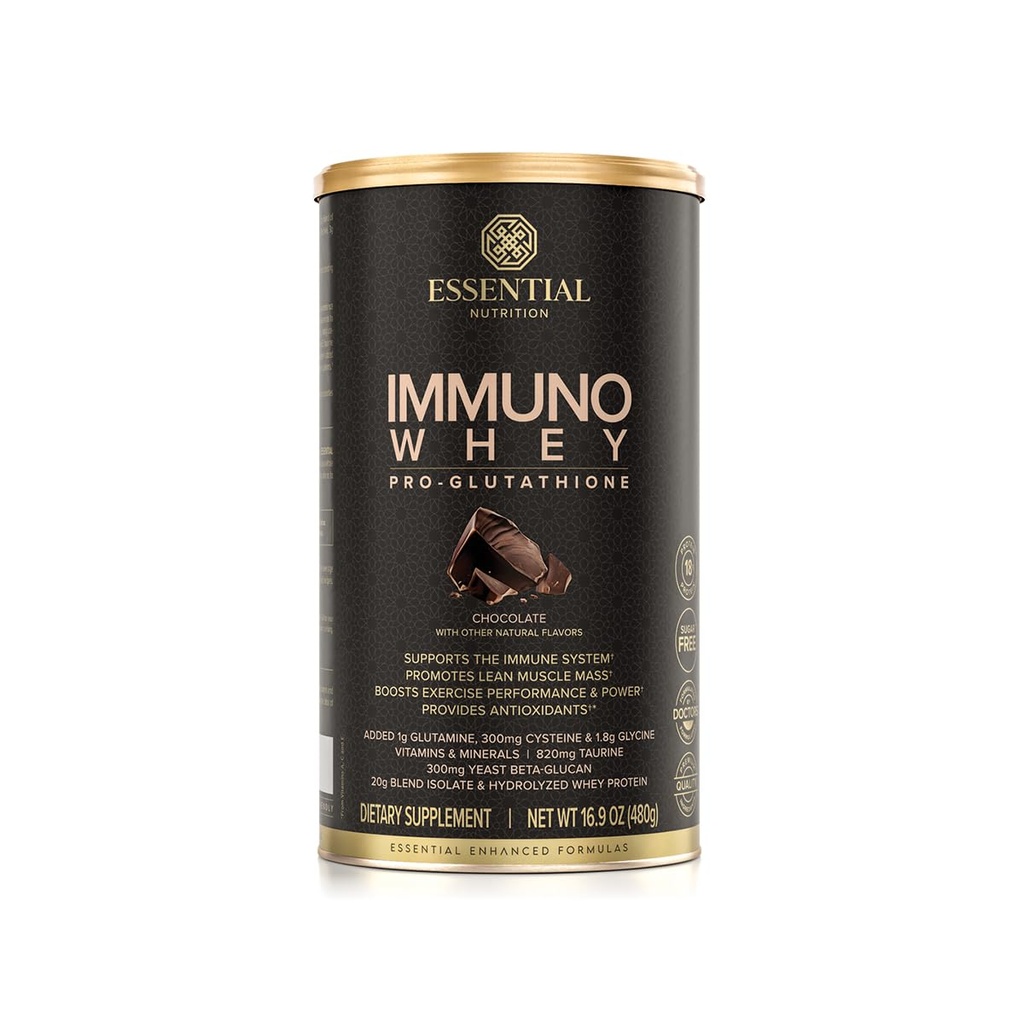 Nutrición esencial Inmuno Whey - Isolate & Hidrolyzed Whey Protein Powder con Aminoácidos añadidos para apoyar la producción de Glutathione - Beta Glucan - Chocolate - 16.9 oz (15 Servimientos)