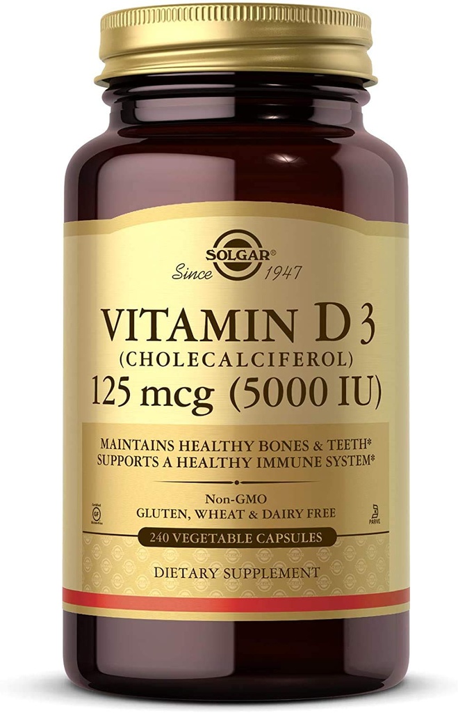 Solgar Vitamina D3 (Cholecalciferol) 125 mcg (5000 UI), 240 cápsulas vegetales - Ayuda a mantener los huesos saludables " dientes - Apoyo al sistema inmunológico - No GMO, Gluten Gratis - 240