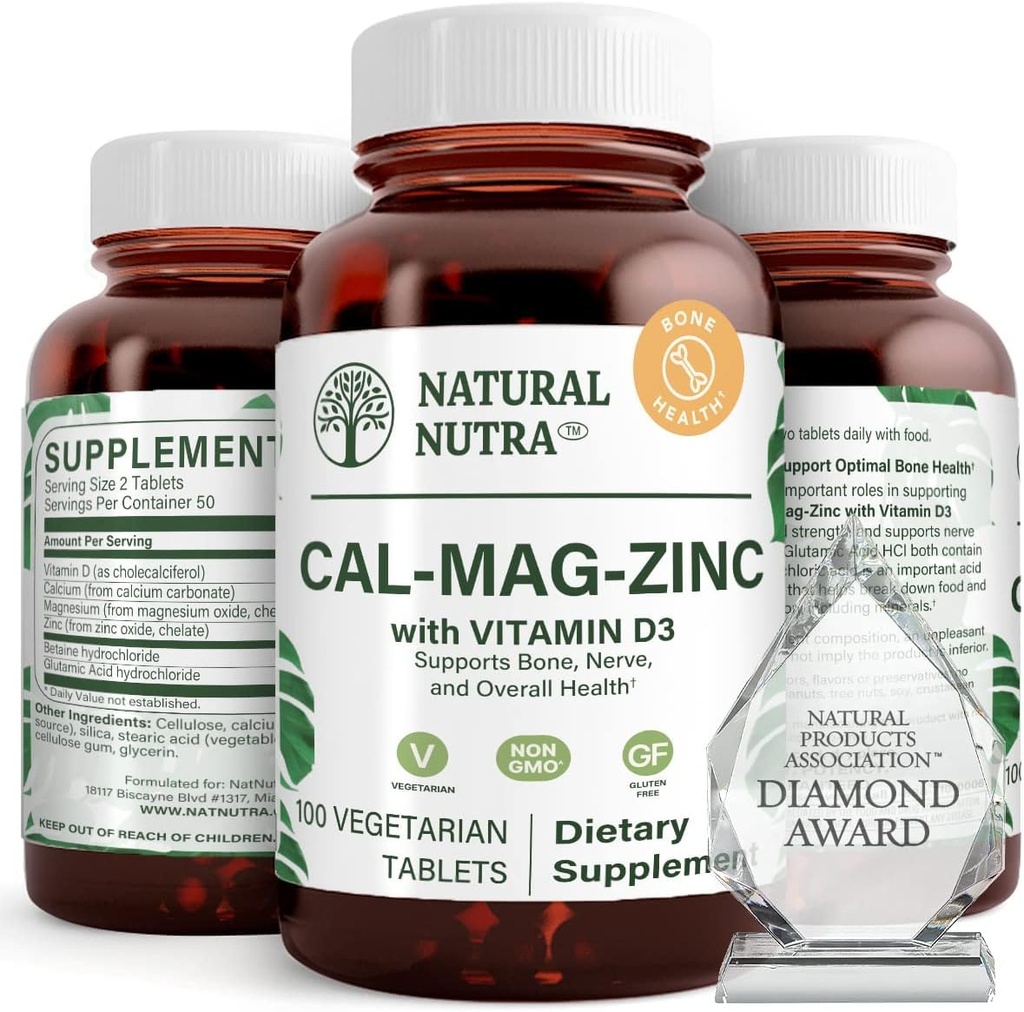 Natural Nutra Calcio Magnesio Zinc Suplemento con vitamina D3 para la fuerza ósea, ayuda a mejorar la fuerza muscular, la salud sin gluten y el azúcar libre, esencial Complejo mineral 100 cuenta (Pack of 3)
