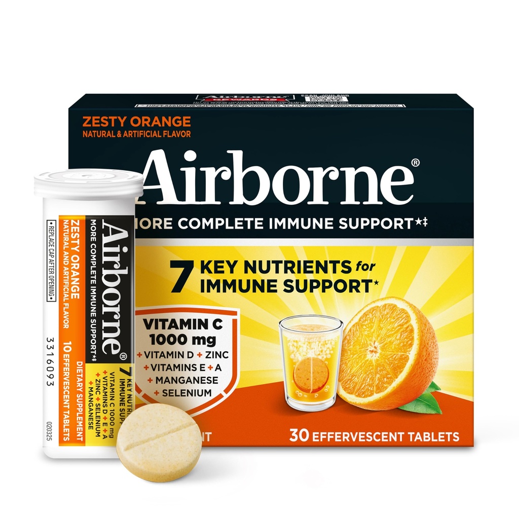 Airborne 1000mg Vitamina C + Azúcar Zinc Soporta Multivitamínicas Effervescent Fizzy Tablets, Zesty Orange Flavor con potentes antioxidantes Vitaminas A C &amp; E, 30 Tablets