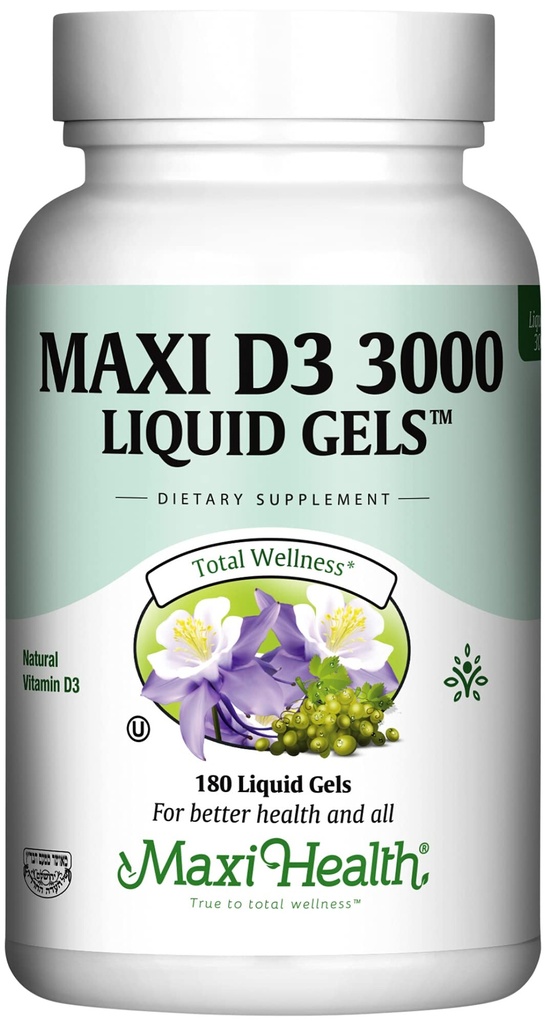 Maxi Health Vitamin D3 3000 UI 75 mcg Vitamina D Suplemento para Huesos Saludables, Dientes, Apoyo Inmunitario - VIT D3 Suplemento Fácil de Tragar No GMO, Suplemento para Hombres y Mujeres – Kosher 180 Gels